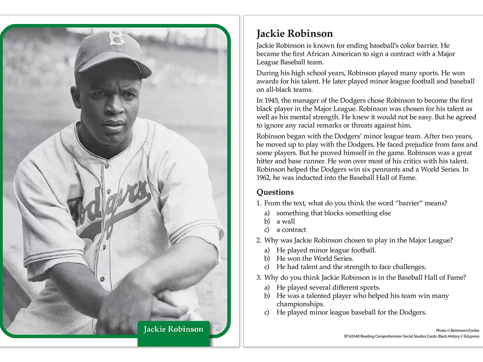 Black History Reading Comprehension Cards