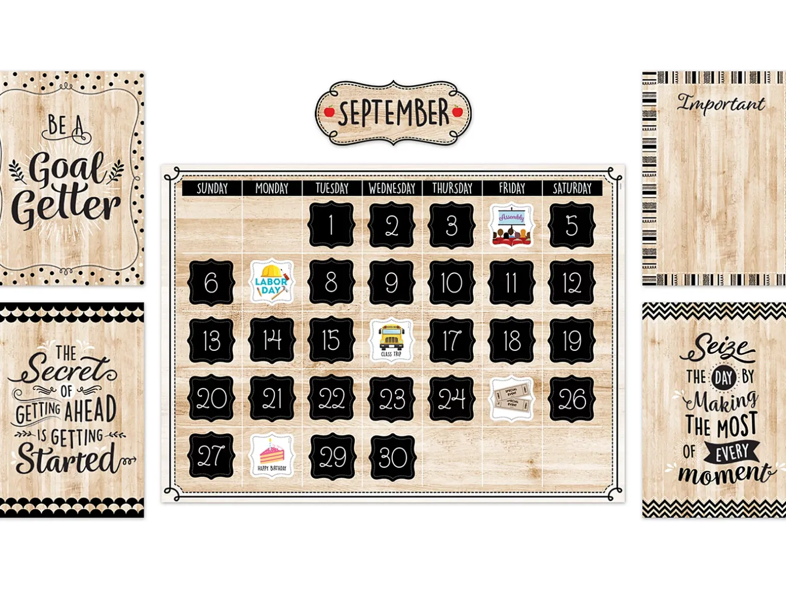 Black, White & Wood Calendar Bulletin Board Set
