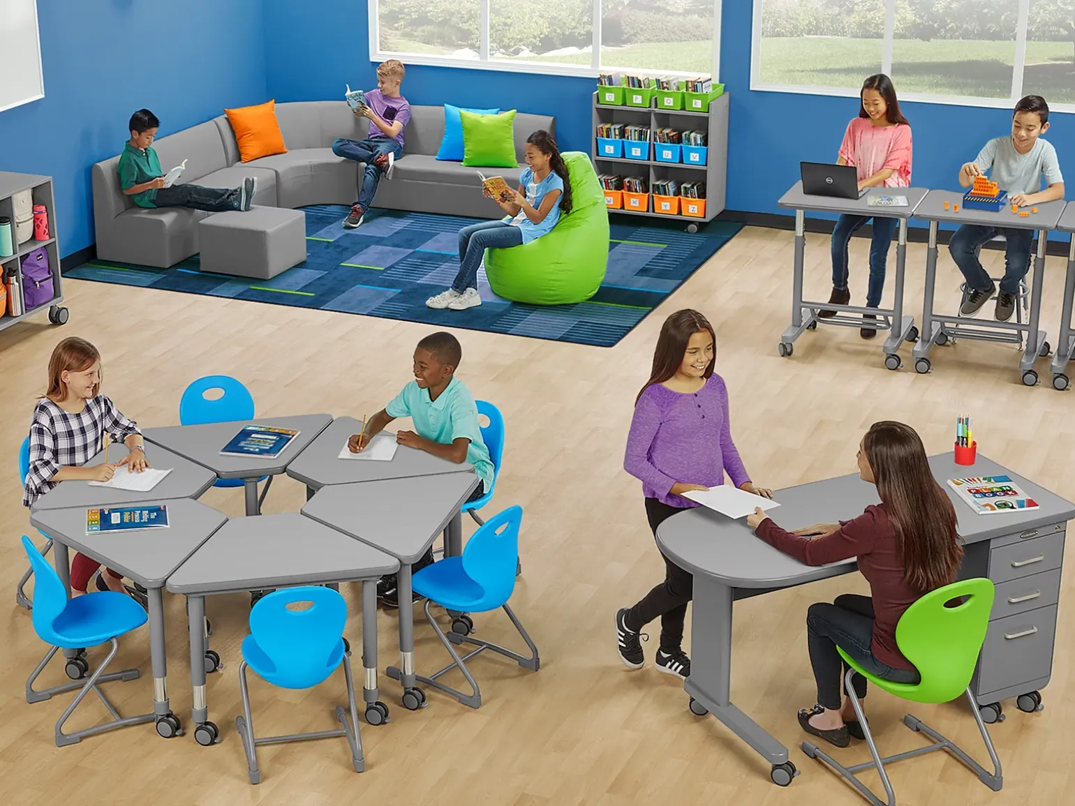 Flex-Space Mobile Wedge Student Desk with Book Box - Gray
